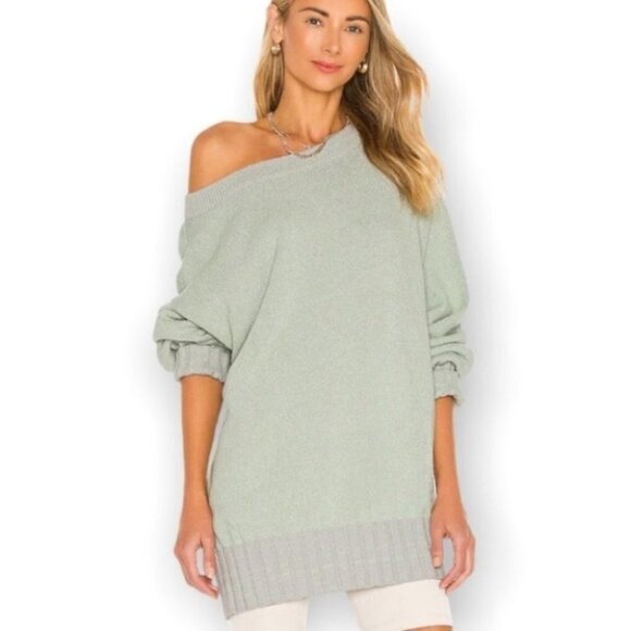 Free people lime green gray off the shoulder tunic sweater size XS - Picture 1 of 16